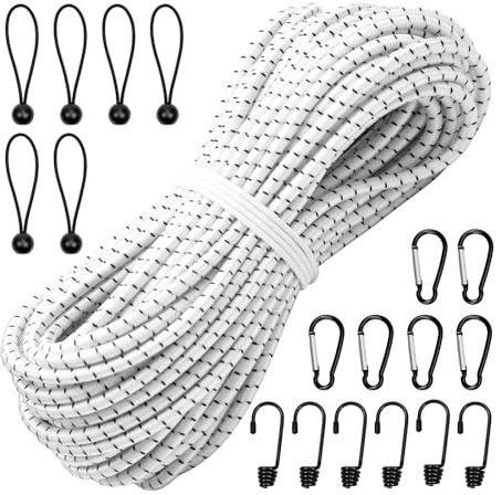 Corde Elastiche,25 metri di corda elastica da 6 mm di diametro con 6 Bungee Ball,6 Ganci a Spirale,6 fibbia da alpinismo per teloni,tende, giardini e automobili,interno (6mm)