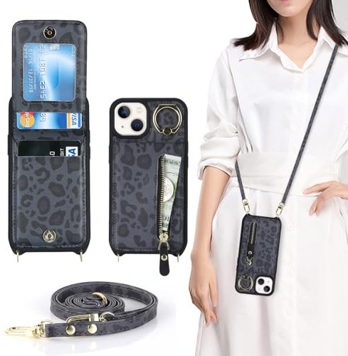 Zouzt for iPhone 13 Mini Case with Cord and Card Holde, Zipper Wallet Case with Crossbody Lanyard Ring Adjustable Necklace Protective Cover Women for iPhone 13 Mini 5.4 Inch - Black Leopard