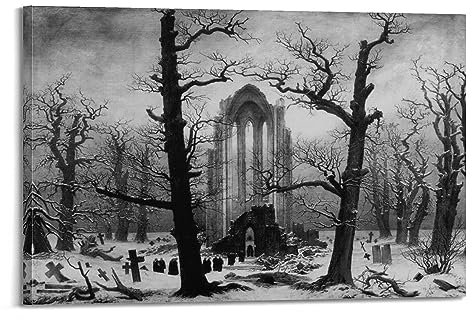 Ruinen des Klosters mit Schnee bedecktes Poster von Caspar David Friedrich Leinwand-Kunstdruck zum Aufhängen Foto Geschenkidee Dekor Zuhause Kunstwerke 30 x 45 cm