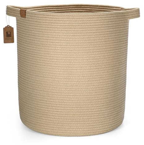 BROVIEW Woven Storage Baskets 56L Tall Laundry Hamper, 16x18 in Cotton Rope Blanket Basket with Handles for Toy, Pillows, Clothes, for Living Room Bedroom Nursery Straw