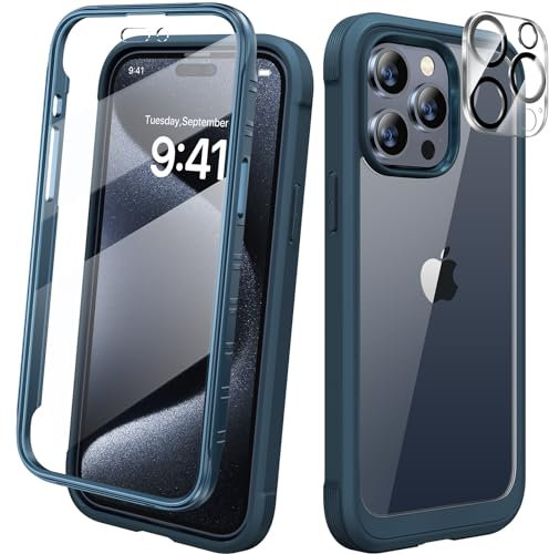 Diaclara for iPhone 15 Pro Case, Full Body Rugged Case with Built-in Touch Sensitive Anti-Scratch Screen Protector + Glass Camera Lens Protector for iPhone 15 Pro 6.1 (Deep Blue)