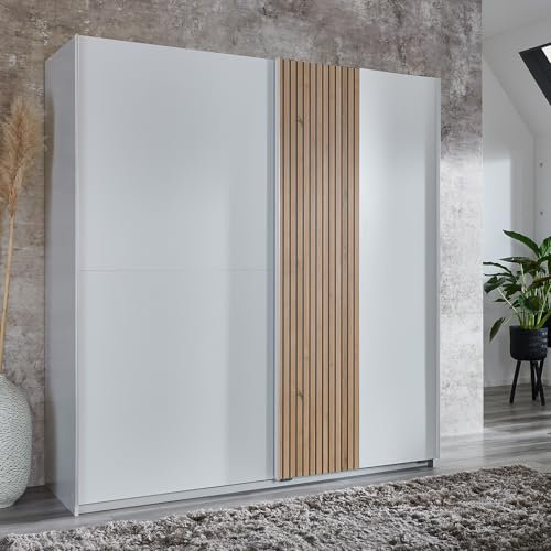 Lomadox Kleiderschrank Schwebetürenschrank 180cm, weiß mit Eiche