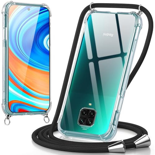 Oelrstfe handyband Hülle mit Band für Xiaomi Redmi Note 9 Pro/9 Pro Max/9S 4G, Handyband zum Umhängen Handy Umhängeband Transparent TPU Stoßfest Silikon Handyhülle mit Kette, Schwarz