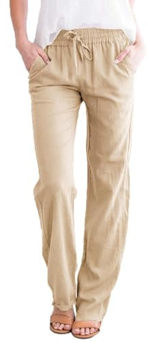 Zeagoo Leinenhose Damen Sommer Musselin Baumwolle Hose Stoffhose Einfarbige High Waist Freizeithose Leichte Strandhose Sommerhose mit Taschen Khaki XL