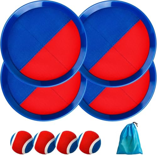 U&C Planet Catchball Game Gioco di Lancio della Palla in Velcro Palla Impermeabile Bambini 3-12 Anni 4 Palette e 4 Palle Lancio e Cattura della Palla Giochi di Famiglia all'aperto, Blu e Rosso