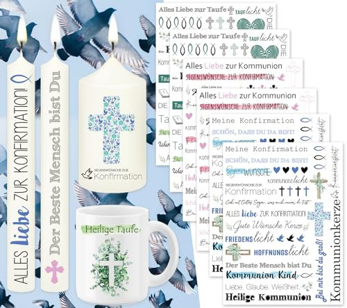 Tixlux 6 PCS Kerzentattoo Heilige Kommunion (200+ Muster), Wasserschiebefolie kerzen | Kerzenaufkleber | Kerzen dekorieren |Trostkerze | Taufe | Geburtstagskerze (Kommunion & Taufe)