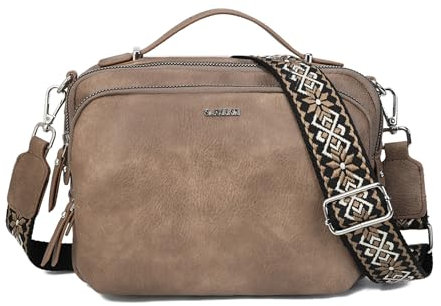 Gladdon Umhängetasche Damen, Schultertasche mit Reißverschluss, Crossbody Bag, Leder handtasche klein, Breite Schultergurte Jacquard-Gewebe