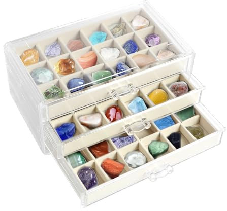 Gatphy Vitrine Rock à 3 tiroirs - 54 compartiments - Boîte à bijoux en acrylique transparent - Beige