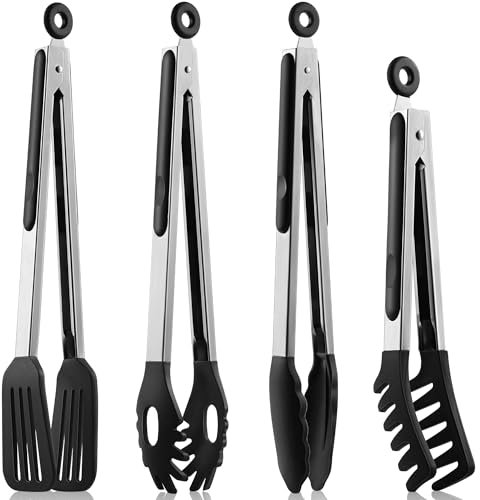 4 PCS Kitchen Tongs for Cooking, 9 & 12-Inch Silicone Tong Heat Resistant Pasta Tong Stainless Steel Spaghetti Tongs with Silicone Tips for Serving Food, Spaghetti, Pasta, BBQ, Salad (4PCS)