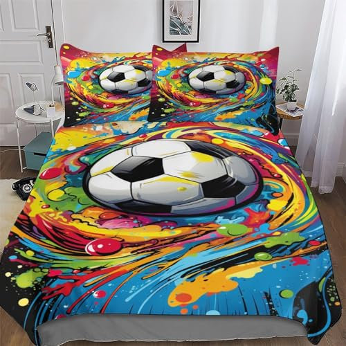 AAPZY Fußball Sport 3D Bettw?sche Set Bettbezug Jungen M?dchen Microfaser Angenehme Betten Bettdeckenbezug Mit Kissenbezug, Mit Rei?Verschluss Bettbezüge Single (135x200cm)