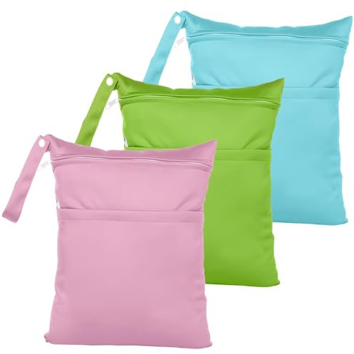 Zocipro 3 Stück Große Wetbag Kindergarte, Windeltasche Wasserdicht, Nasstasche Waschbar Wiederverwendbare,Dry Cloth Wet Bag mit Reißverschluss für Kleinkind Windeln Reisen Gym Strand,Blau/Grün/Rosa