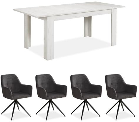 Homestyle4u Esstisch 4 Personen Esszimmergruppe mit 4 Stühlen Essgruppe Set ausziehbar Esszimmertisch Weiß Polsterstühle Grau