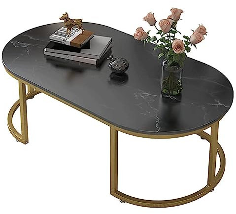 OWOHYG Ovaler Couchtisch aus Marmor, nordischer kreativer Beistelltisch aus Metall, modischer Mitteltisch aus Schmiedeeisen mit Metallrahmen, Wohnzimmermöbel-Mitteltisch für Zuh(Black-100×60×47cm)