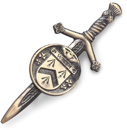 Kilt Emporium Walsh Irish Coat of Arms Disk Kilt Pin - Solid Brass with Sturdy Sword Handle, 4 Length (Antique Brass)
