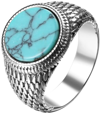 OIDEA Herren Ring mit Türkis Stein: Silber/Gold/Schwarz Bandring aus Edelstahl Vintage mit Runder Türkis Edelstein Siegelring Schmuck Geschenk für Männer Größe 54-70