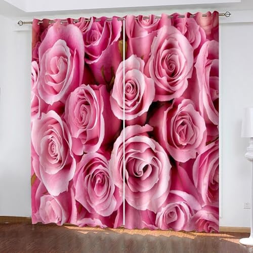 Lirzxin Gardinen Verdunkelnd 214 cm Lang, Vorhang Verdunkelung mit Ösen 2er Set Rosa Rosenblüten Muster Vorhänge für Wohnzimmer Schlafzimmer Kinderzimmer Jugendzimmer, 86x214 cm(BxH)