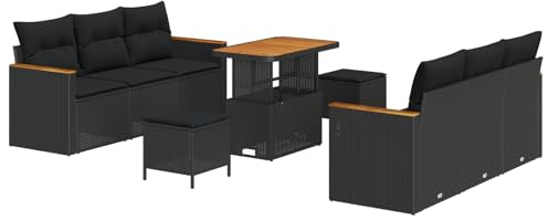 vidaXL Garten-Sofa-Set mit Kissen 9 pcs Schwarz Poly Rattan, Garten und Terrasse, Modernes Modular Sofa Set, Verstellbare Füße, Langlebiges Outdoor-Loungemöbel, Rattan Terrasse