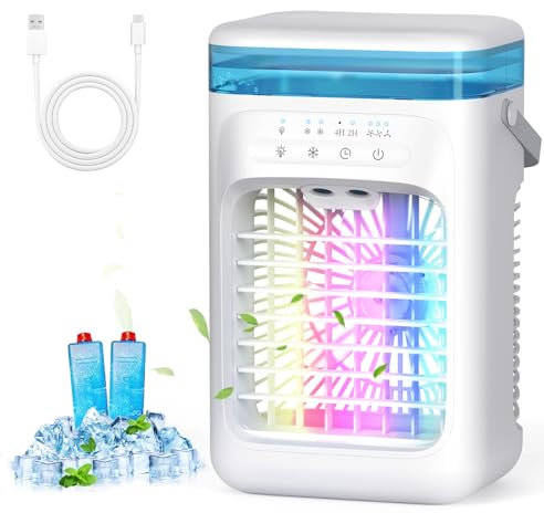 AIMIUVEI Mini Aire Acondicionado Portatil, 5 en 1 Enfriador de Aire, 1000m Tanque ventilador, 3 Velocidades, 2 Nebulización, 2-4H Cronometrado, 7 LED Ventilador Refrigerador para Dormitorio Oficina