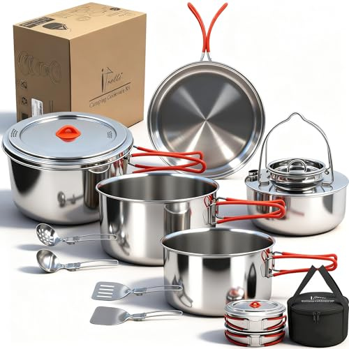 Ipretti Tragbares Camping-Kochgeschirr-Set aus 18/8 Edelstahl, 11-teilig, stapelbares Design, große Kapazität, Töpfe und Pfanne mit Kessel, kompakt für Picknick und Familien-Kochen im Freien (4–8