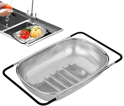 Premium Quality Over The Sink Stainless Steel Colander, Kitchen Sink Strainer, SinkStrainer Colander with Expandable Rubber Grip Handles, Wire Mesh Over SinkColander for Strain, Drain, Rinse Fruits