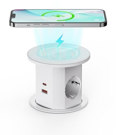 Airmom Versenkbare Steckdose 2 Fach mit 15W Kabelloses Laden und USB C PD 20W, Tischsteckdose Versenkbar Weiß mit 4 USB Anschlüsse, 2M Kabel, D 85-95mm