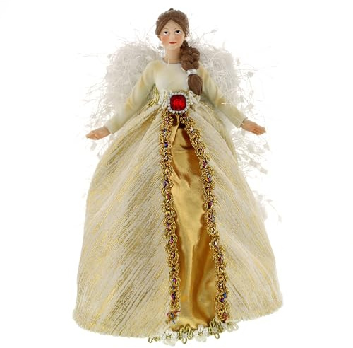 Festive Productions Christmas Tree Topper – 20 cm Gold Angel with White Fluffy Wings – Elegant Traditional Angel Tree Decoration