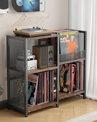 Ornestia Meuble Platine Vinyle Vintage, Noir | Support pour 200 Albums, 3 Niveaux, Métal Étagère de Rangement Disques pour Salon
