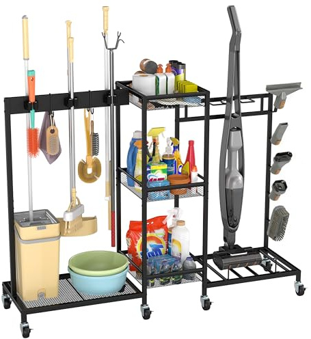 ohbien Mobiler Reinigungswagen mit Staubsaugerständer Putzwagen Mopphalter | Besenhalter mit Räder, Gerätehalter, Doppelhaken, Ablagen für Garage, Waschküche, Gewerbliche Nutzung (85 × 101 × 30 cm)