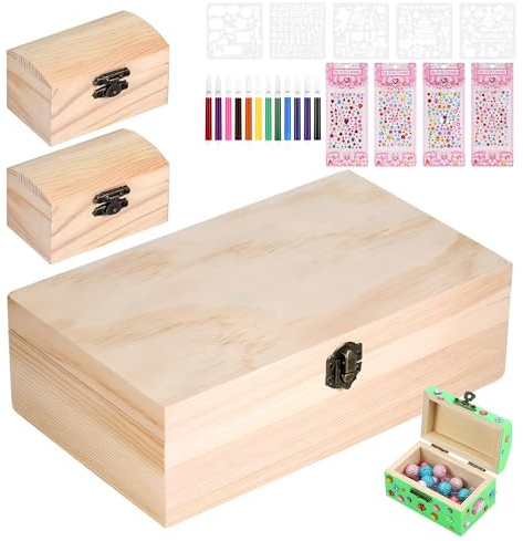 Starvortex 3stk Schatztruhe Kindergeburtstag, Schatzkiste Holz Bastelset, Kleine Schatztruhe Kinder, Holzkästchen mit Deckel, Schatzkiste zum Bemalen Kindergeburtstag mit Farbstiften Aufkleber