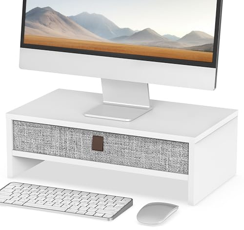 Fenge Monitorständer mit Leinen-Schublade,42.5cm,Tragfähigkeit 20kg,Weiß | Monitorerhöhung,bildschirmerhöhung 2 monitore,Schreibtisch Organizer,für PC/Laptop/Drucker,42.5 × 23.5 × 14.2 cm