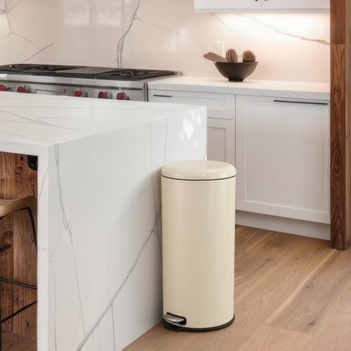 Panana 30L Round Trash Can Kitchen Waste Rubbish Garbage, Pedal Step Garbage Can & Recycle Bin with Removable Inner Buckets (Beige, Round 30L)