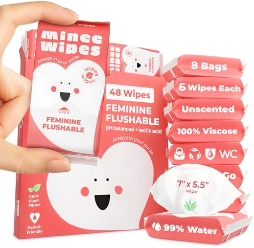Impossibly Compact Travel Feminine Wipes - 99% Water and Aloe - pH Balanced, Period-Friendly & Ultra Soft - Travel Essentials for Women & Teens - Unscented - 8 Pack Total 48 Wipes