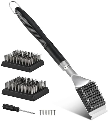 BBQ Grill Cleaning Brush&Scraper – Barbecue Wire Brush for Grill– 17'' Stainless Grill Grate Cleaner 2 Replaceable Stainless Steel Bristles Head - Safe Grill Accessories&Tools for Charcoal/Electrical/