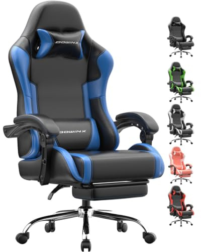 Dowinx Gaming Chair for Adults with Footrest, Durable Gaming Office Chair, Comfortable Padded Gamer Chair Reclining 150°, Heavy Duty Computer Chair 180kg, Blue