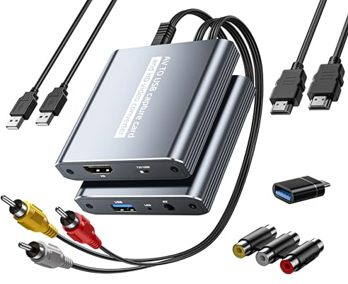 VHS zu Digital Konverter USB Video Capture Card mit HDMI Loop Out, RCA AV zu USB Capture für VCR/DVD/Hi8/PS2/Wii, Analog-zu-Digital-Konverter 1080P 30fps, Aufnahme und Vorschau alter Videos auf TV