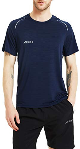Akilex Mens Running Dry Fit T-Shirt Athletic Outdoor Short Sleeve Comfortable Sports Top - Blue - Large