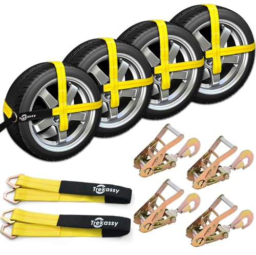 Trekassy 5,1 x 304,8 cm Auto-Spanngurte für Anhänger mit Karabinerhaken, 4 Stück, robuste Reifengurte mit 4 Ratschen, 4 Achsriemen