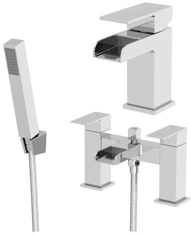 Architeckt® Dakota Bathroom Waterfall Bath Shower Mixer Tap and Basin Tap Set Deck Mounted Square Twin Lever Handle Modern, Chrome