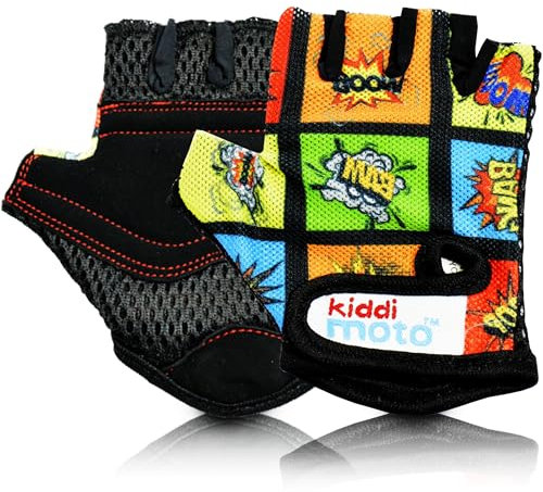 KIDDIMOTO Kinder Fahrradhandschuhe Fingerlose für Jungen und Mädchen/Fahrrad Handschuhe/Bike Kinder Handschuhe (Comic, M (4-8y))