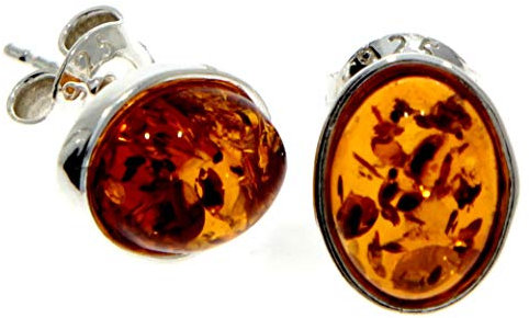 Cognac Baltischer Bernstein, 925er Sterlingsilber, zarte Ohrstecker, oval, M637C, Stein, Bernstein