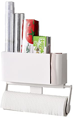 TUKA-i-AKUT Magnétique Étagère Suspendue avec Supports Papier pour Essuie-Tout, Cuisine Organiseur de Rangement 25 x 24 x 7,5 cm, pour Réfrigérateur et Surfaces Métalliques, Blanc, TKD6110
