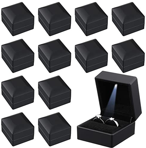 Yinkin 12 Pcs Black Velvet Jewelry Boxes LED Light Display Ring Necklace Bracelet Chain Gift Box Bulk Wedding Proposal Anniversary(Ring Box,Square)
