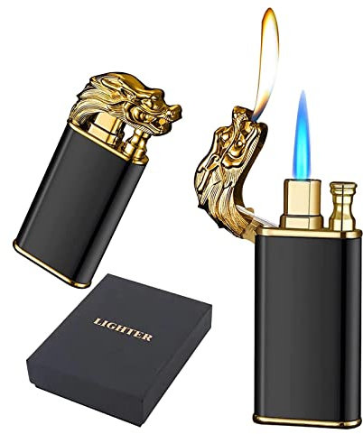 Magisches Doppelfeuer-Drachenfeuerzeug, Drachen-Doppelfeuerzeug, winddichtes, kühles Doppel-Jet-Flamme-Butan-Feuerzeug, nachfüllbares Butan-Feuerzeug for den Außen- und Innenbereich (Color : Black)