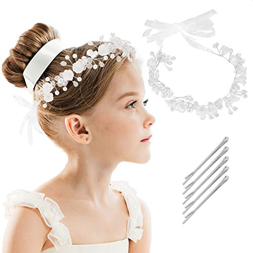 HOWAF Haarschmuck Kommunion Mädchen, Blume Haarschmuck Blumenmädchen Kopfschmuck Kommunion, Weiß Blüten Perlen Hochzeit Haarbänder für Erstkommunion Hochzeit Blumenmädchen Girl Hair Accessories, B