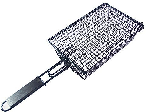 XiaoXIN Grillen Antihaft-Grillkorb mit Deckel Metall-Grillkorb mit faltbarem abnehmbarem Holzgriff-Grill-Grillwereug für Fischgemüsesteak Fleischgarnelen