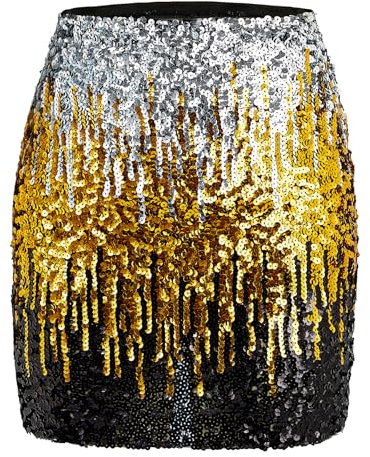 Durio Pailettenrock Für Damen Glitzer Rock Kurz Damen Sexy Midi Skirt Hüftrock mit Elastische Taille Party Rave Outfit Silber/Gold/schwarz M