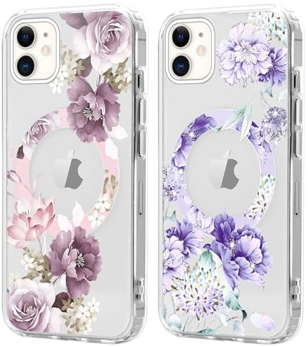 Xylota 2 Stück Magnetisch Hülle für iPhone 11 6.1'' [Kompatibel mit MagSafe], Aesthetic Mädchen Blumen Muster Design Klare Handyhülle, TPU Stoßfeste Transparent Schutzhülle für iPhone 11, Blumen 1