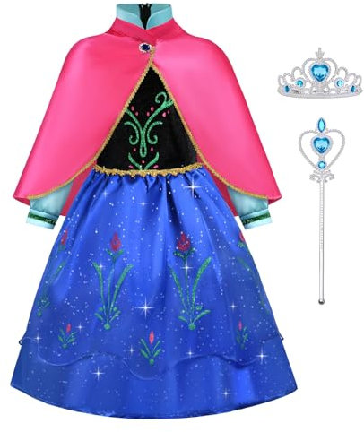 ACWOO Prinzessin Anna Kostüm Mädchen, Prinzessin Anna und Elsa Kleid mit Krone Schal Zauberstab, Mädchen Anna Kostüm Kleid für Weihnachten Verkleidung Karneval Halloween
