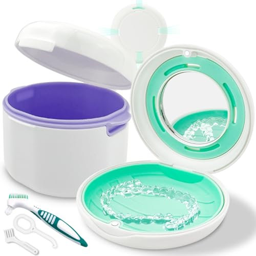 ADNEWX 2 Boite a Dentier Portables, Boite Appareil Dentaire avec Miroir, Outil, Brosse à Dents pour Prothèse Gouttière Dentaire Adulte Rangement et Nettoyage