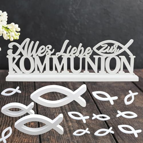 Tischdeko Kommunion, 1 Stk Schriftzug Alles Liebe zur Kommunion + 3 große Holzfische + 48 Stk Streudeko Fische Holz für Kommunion Deko Junge Mädchen(Weiß)